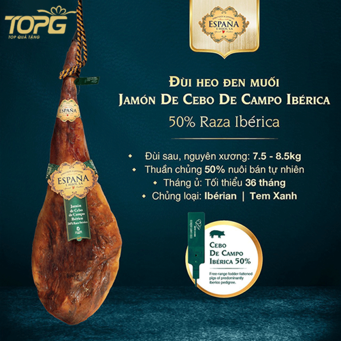 Đùi heo đen muối Jamon De Cebo De Campo 50% Raza Iberica